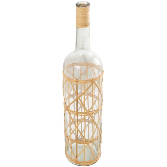 27" Clear Glass Handmade Tall Vase with Light Brown Rattan Woven Body & Neck